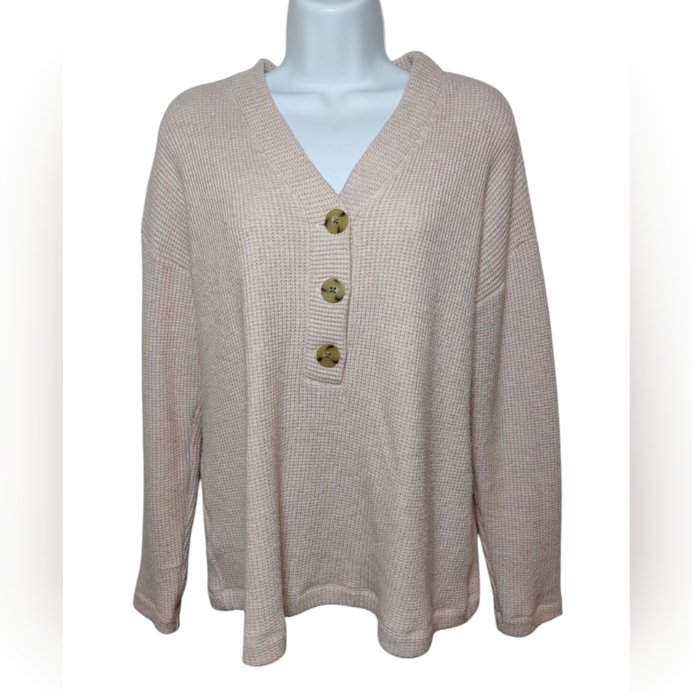 J Jill Waffle Knit Pink Pullover Sweater With Brown Buttons V-Neck Relaxed Fit S